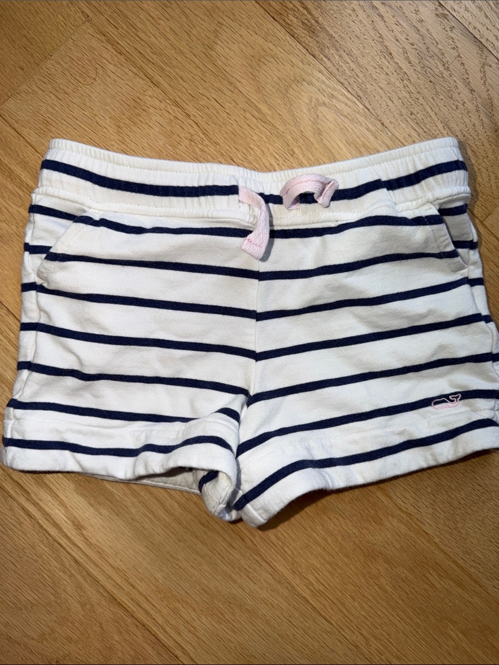 Vineyard Vines White and Navy Striped Knit Shorts with Pink Drawstring